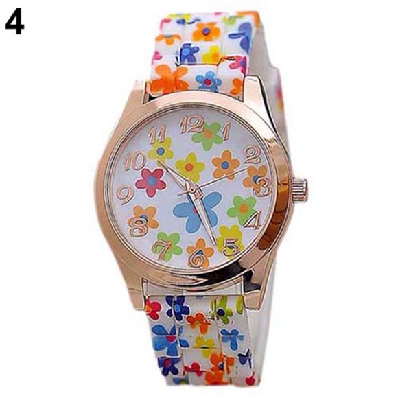 Montre-bracelet à Quartz pour Femmes à Imprimé Floral, Cadran à Chiffres Arabes, Bracelet en Silicone