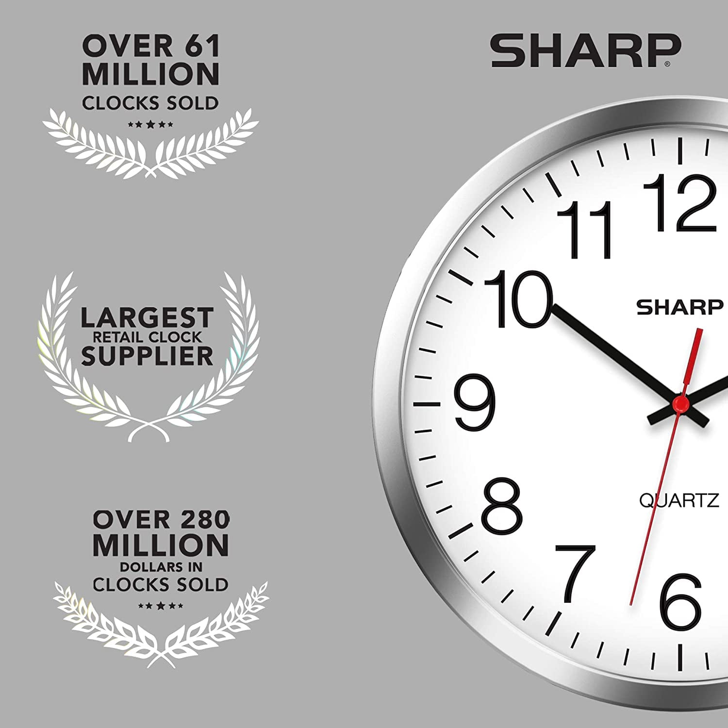Sharp Modern 12" Quartz Round Wall Clock, Silent Non-Ticking, Silver/Chrome Frame for Home & Office