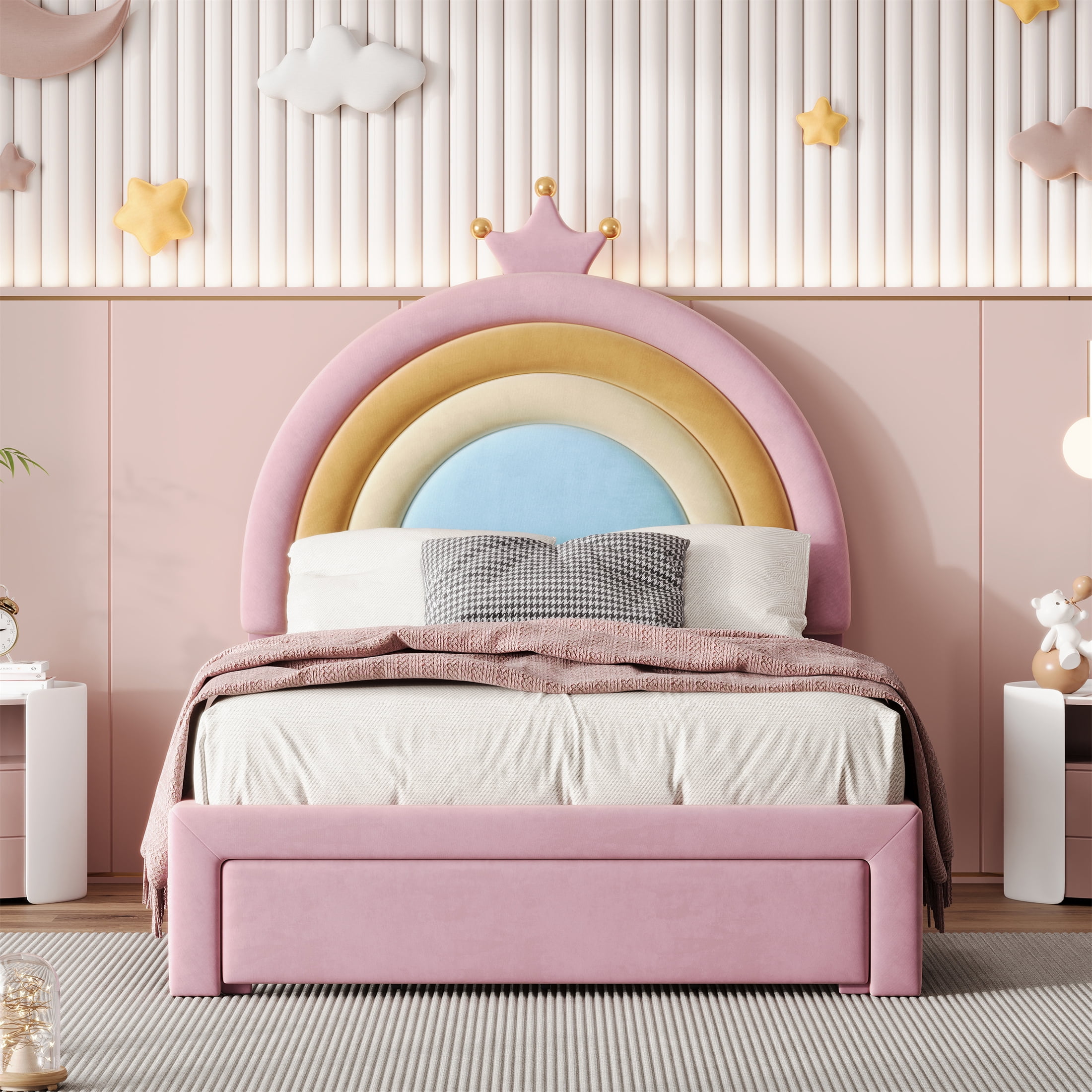 Cute Rainbow Twin Size Bed Frame for Girls,Velvet Princess Twin Bed Frames with Headboard and Drawers,77.5"x40.5"x47",Pink