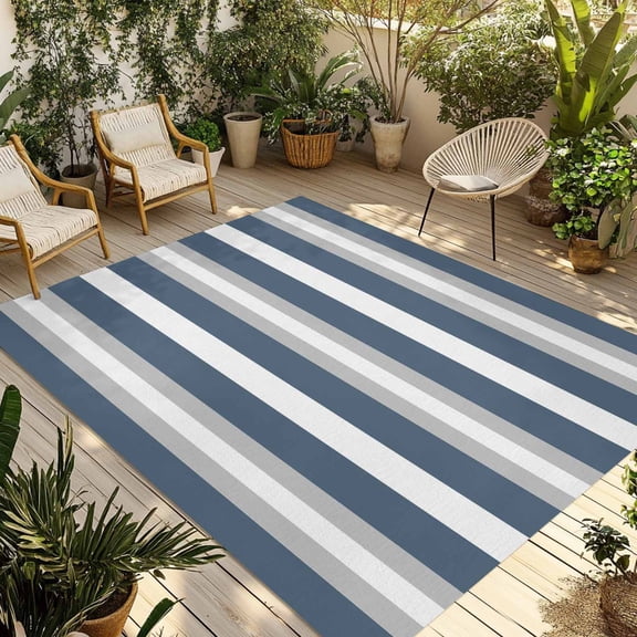 Haze Blue Stripe Outdoor Rug 6x9 Ft - Reversible Patio Rug Outdoor Camping Rugs, Farmhouse Blue Gray Striped Washable Indoor Outdoor Area Rugs, Non-Slip Outdoor Carpet Runner for Deck/Porch
