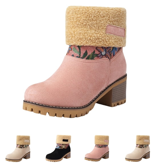 Willtoo Winter Boots for Women Comfortable Slip On Mid Chunky Heel Faux Suede Warm Snow Ankle Boots Outdoor Shoes
