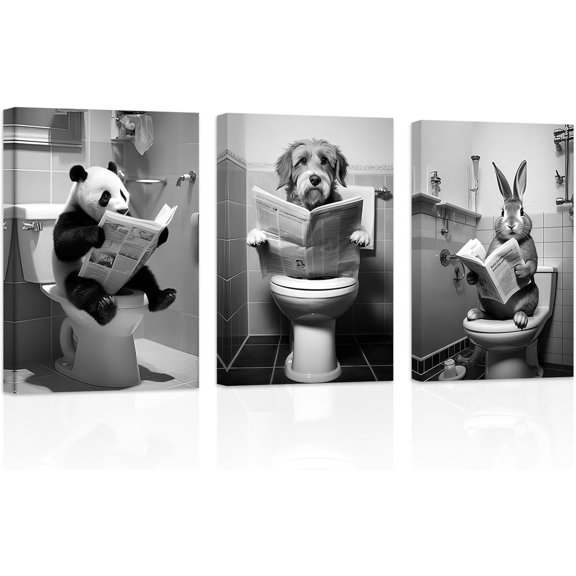 ZHONGYUTONG Funny Bathroom Animal Wall Art 3 Pieces Cute Panda Dog Rabbit Reading Newspaper on Toilet Poster Black White Canvas Prints for Rustic Restroom Framed (11.00" x 14.00" x 3PCS)