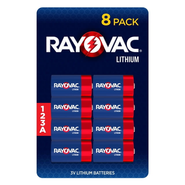 batería rayovac photo lithium 123a 3v, paquete de 8 paquete con ocho baterías 123A de litio Rayovac dispuestas en dos columnas sobre cartón azul con el logo Rayovac arriba; indicado para cámaras y dispositivos especializados, etiqueta roja '123A' y '8 PACK'.
