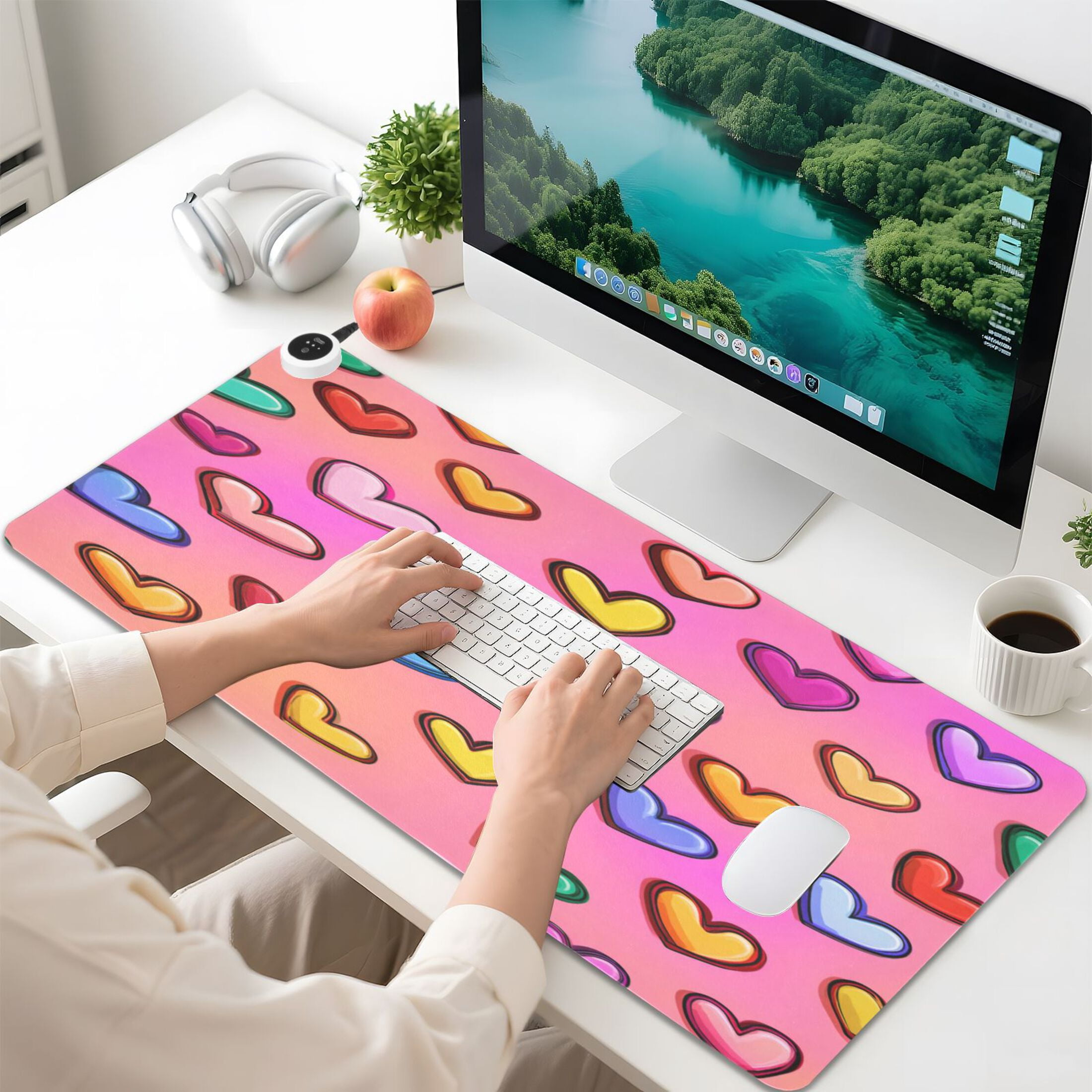 Large Heated Desk Mat Mouse Pad 31.5"x13"PU Leather Graphene Heating Desk Warmer with 3 Temperature Settings 110V US Plug Non-Slip Warm Pad for Home, Office, and Gaming Rainbow Heart Seamless Print