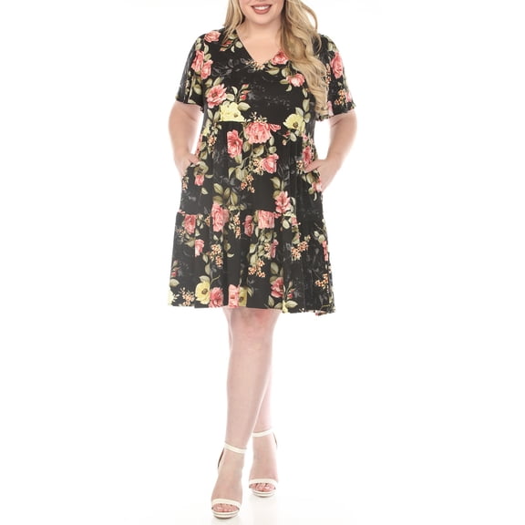 White Mark Women's Plus Size V-Neck Tropical Flower Short Sleeve Dress