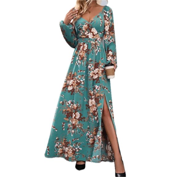 Women's Slit Printed Surplice Long Sleeve Maxi Dress in 100% Polyester for Elegant Everyday Wear and Special Occasions