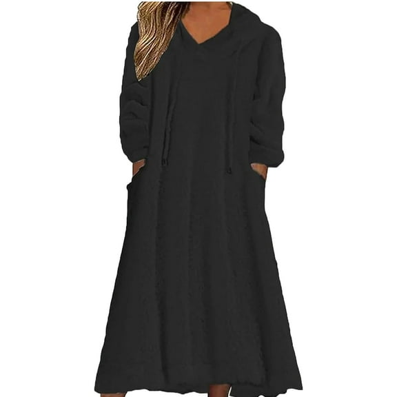IROINNID Discount Long Sleeve Dress for Women Plus Size Dress Full-Length Shift Dress Loose Round Neck Hooded Long Sleeve Comfy Pockets Dresses,Black