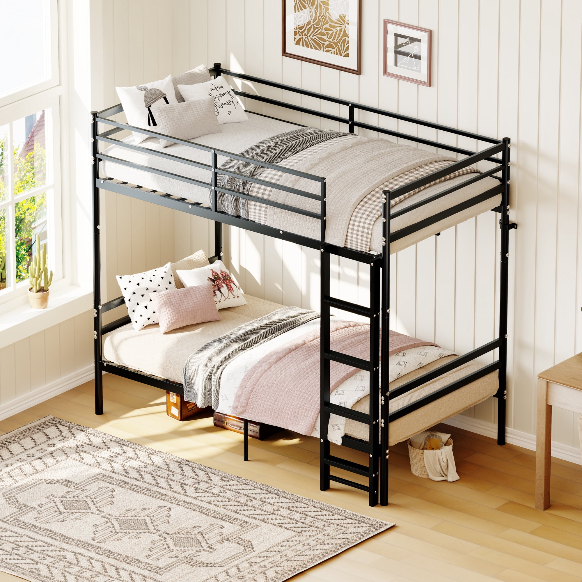 Mintazer Convertible Twin Over Twin Metal Bunk Bed with Ladder and Guardrails, Split Into 2 Separate Twin Beds, Black