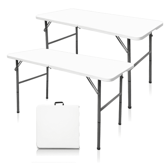 2 PACK 4-FT Plastic Folding Dining Table, White High Duty Rectangular Dining Table with Carrying Handle, Portable in/Outdoor Camping Picnic Garden Party Dining & Office Meeting Desk, Renting Supplie