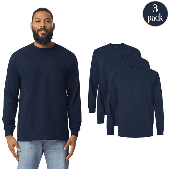 Gildan Men's Ultra Cotton Long Sleeve Pocket T-Shirt, 100 Percent Cotton Casual Tee, Navy 3-Pack, XL