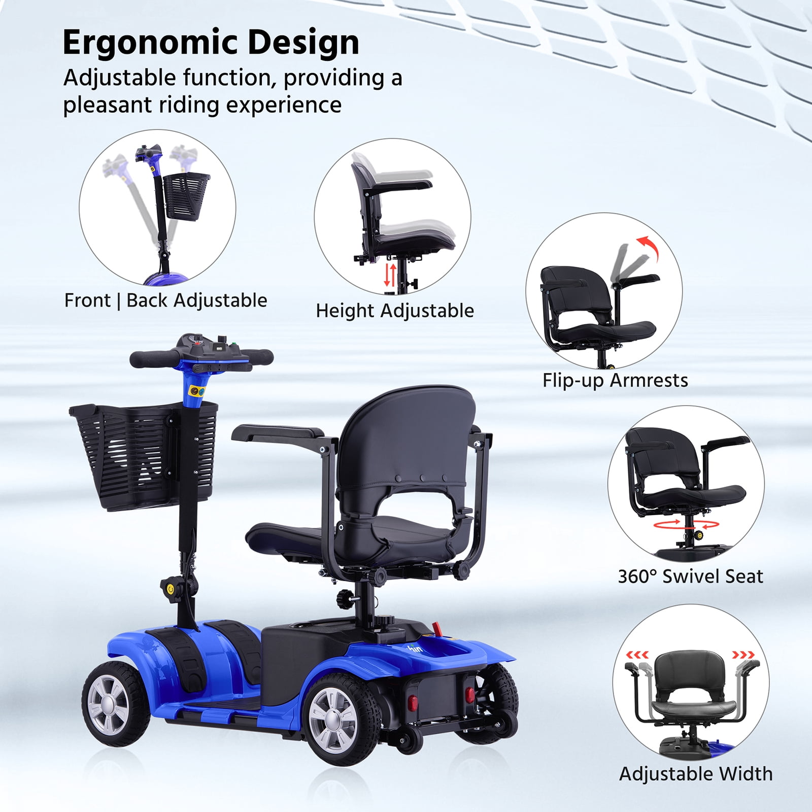 Arshin Upgrade 4 Wheels Mobility Scooters for Seniors & Adult,All Terrain Motorized Scooters with 300 lbs,Blue