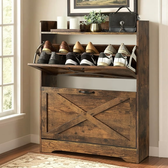 Huisennitre Shoe Storage Cabinet with 2 Flip Drawers, Narrow Freestanding Wood Shoe Rack for Entryway,Hidden Shoe Organizer, Rustic Brown