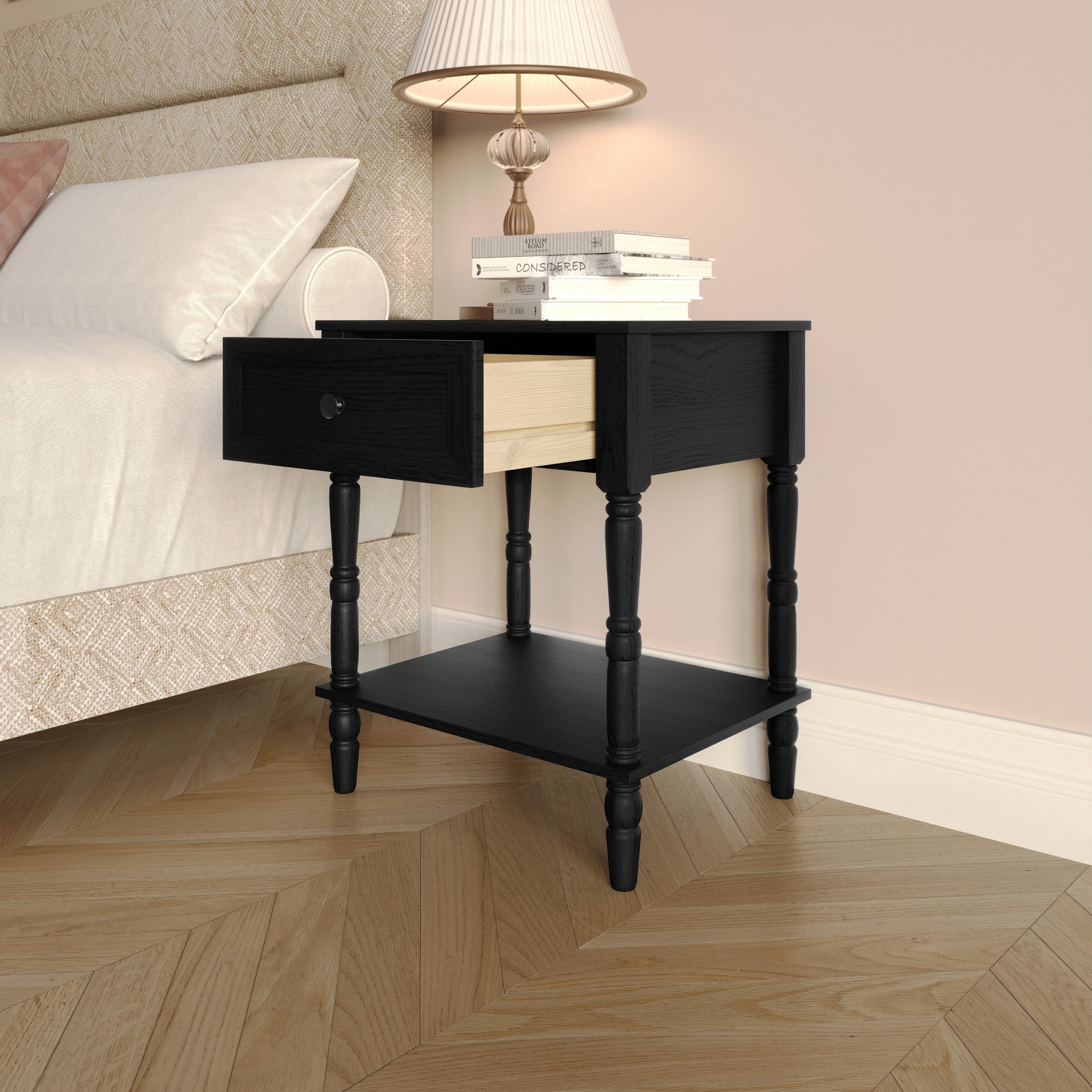 Home Design Rumford 1-Drawer Nightstand for Adult, Modern Bedside Table with Storage, Black Finish
