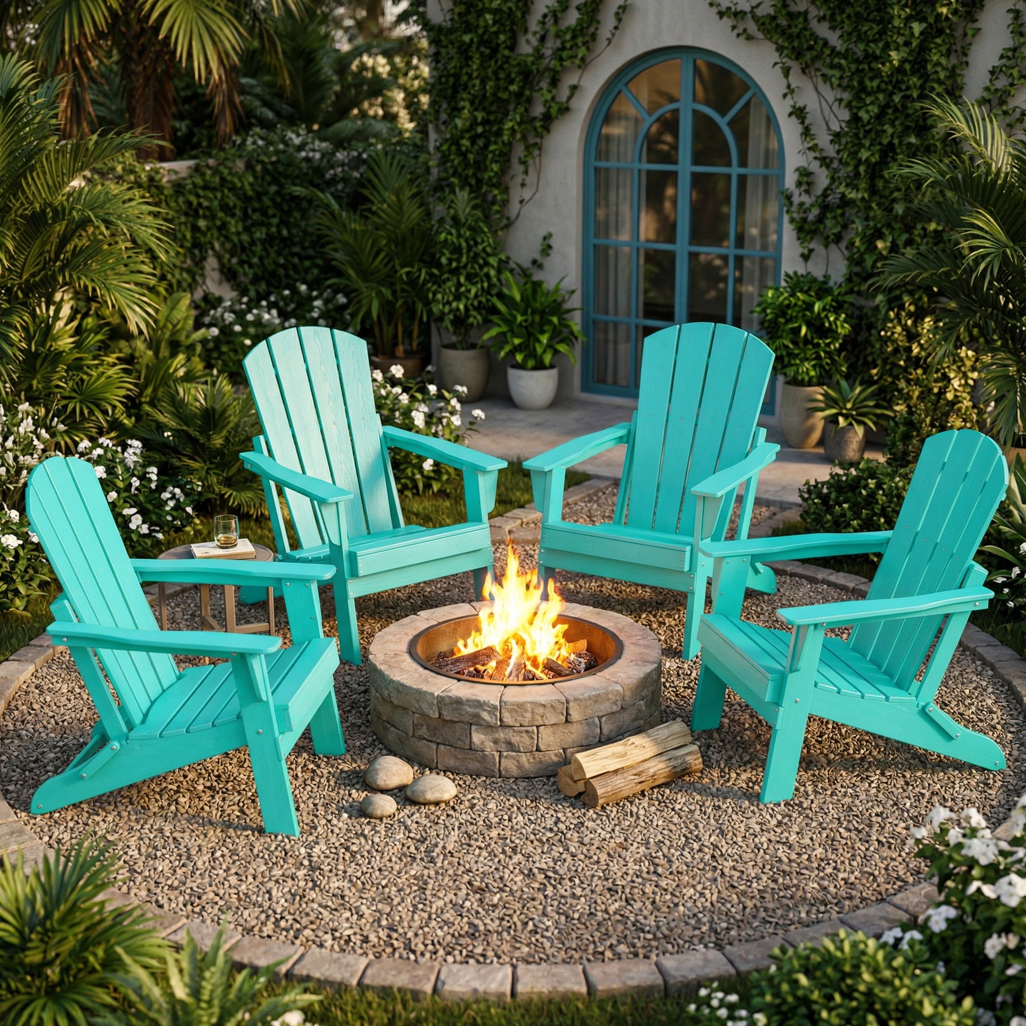 Cobiod Folding Adirondack Chair Set of 2, HDPE Patio Chair, All-Weather Space-Saving Foldable Fire Pit Seating for Camping, Backyard, Deck - Aruba Blue