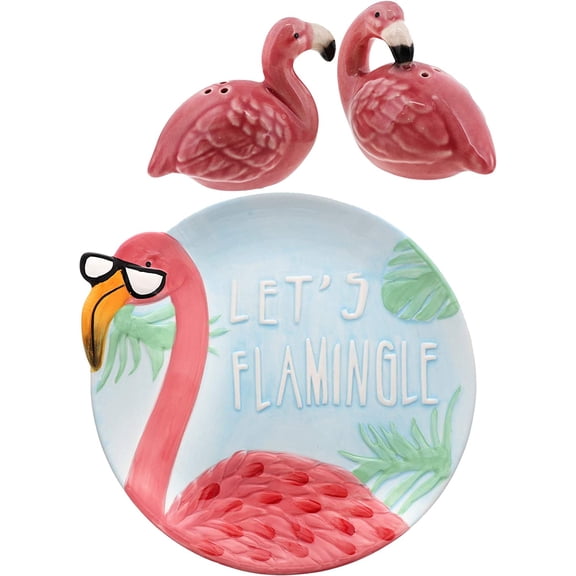 Servette Home Flamingo Set - Let's Flamingle Plate and Pink Flamingo Salt and Pepper Shakers
