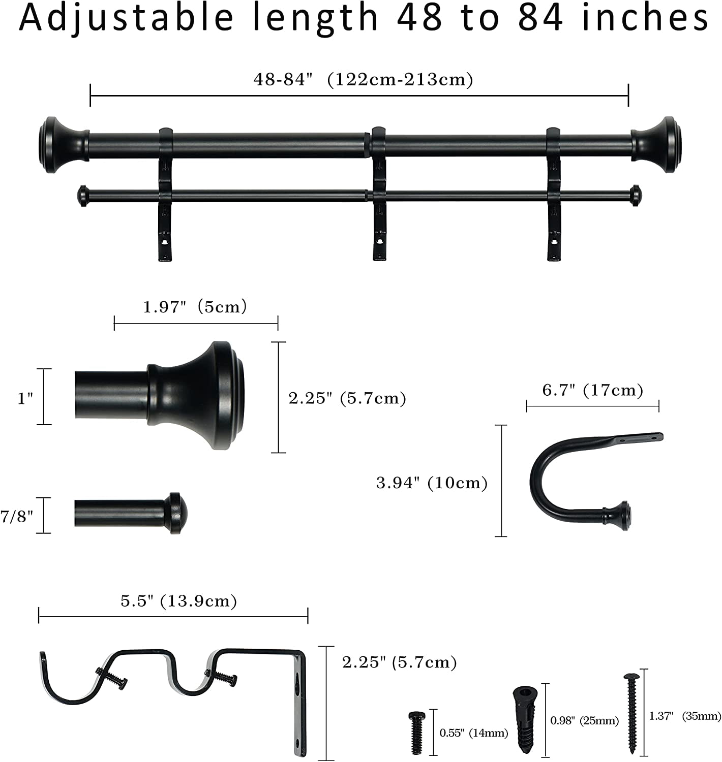 eTeckram 1" Double Curtain Rod with Black Trumpet Finials and holdbacks, 48" to 84"