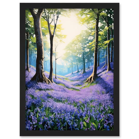 Bluebell Forest Sunshine Vibrant Artwork Purple Blue Flowers Early Morning Serene Landscape Artwork Framed Wall Art Print A4