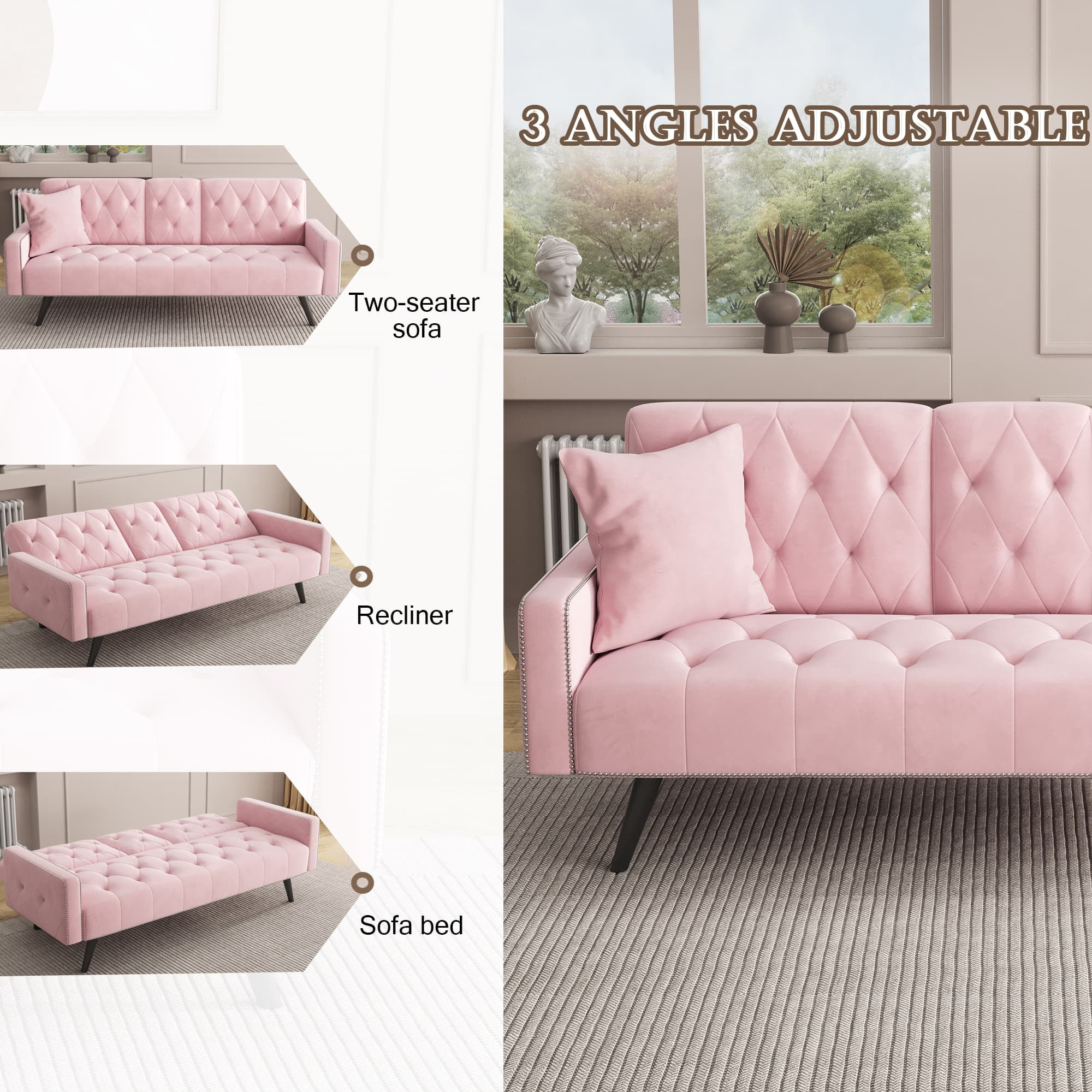 MAYEERTY 72" Sofa Bed Velvet Sofa Couch with 2 Cup Holders for Small Spaces, Pink
