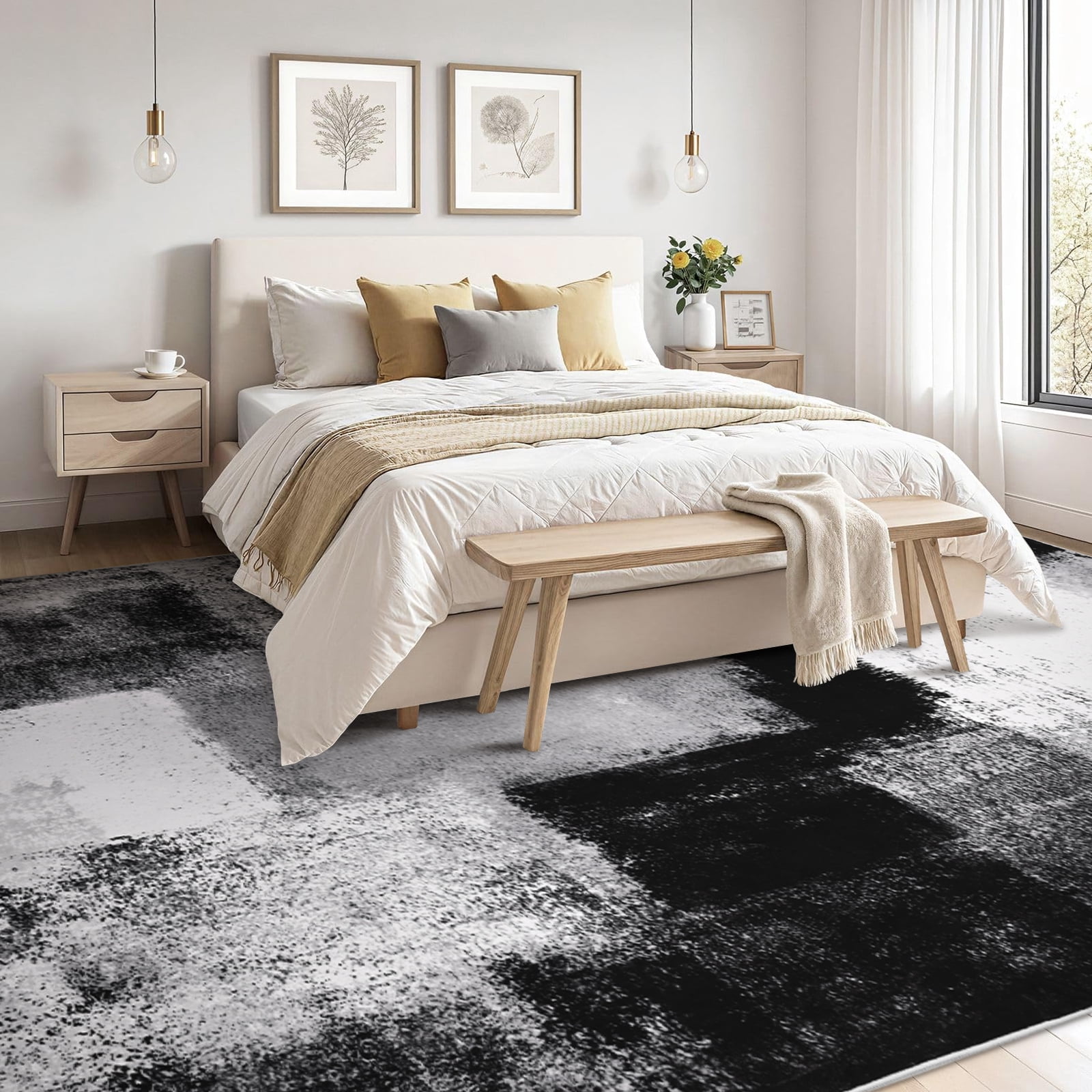Bleum Cade Modern Abstract Area Rugs 6x9,Large Rugs for Living Room, Machine Washable Rug Indoor Rugs for Bedroom, Non-Slip Low-Pile Soft Carpet for Bedroom, Dining Room Office,Black