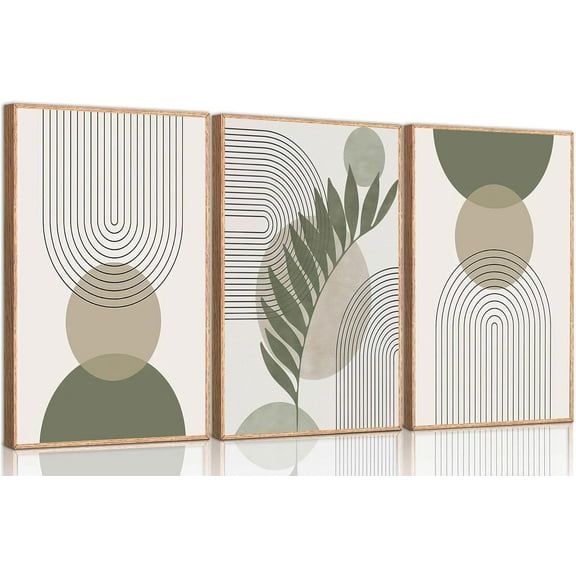 3 Pcs Sage Green Boho Canvas Wall Art Mid-Century Modern Neutral Minimalist Abstract Bohemia Plant Geometric Line Pictures Wall Decor Poster Print Artwork for Living Room Bedroom Decoration