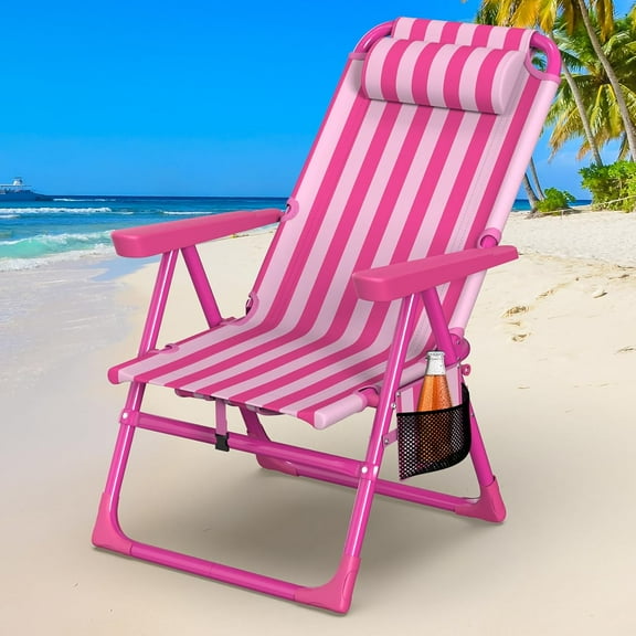 PNKKODW Backpack Beach Chair for Adults,6-Positions Fold Camping Chair with Cup Holder and Cooler Bag,Pink