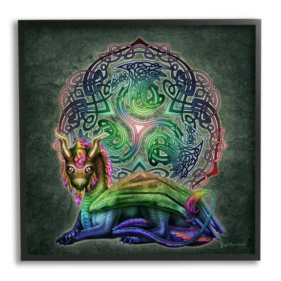 Stupell Industries Dragon on Celtic Pattern Fairy Tales & Fantasy Painting Black Framed Art Print Wall Art, 24 x 24