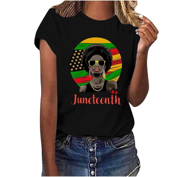 Tops de Manga Corta para las Mujeres de Ajuste Suelto, Día de la Independencia Negro Impreso, Cuello Redondo Suelto Superior