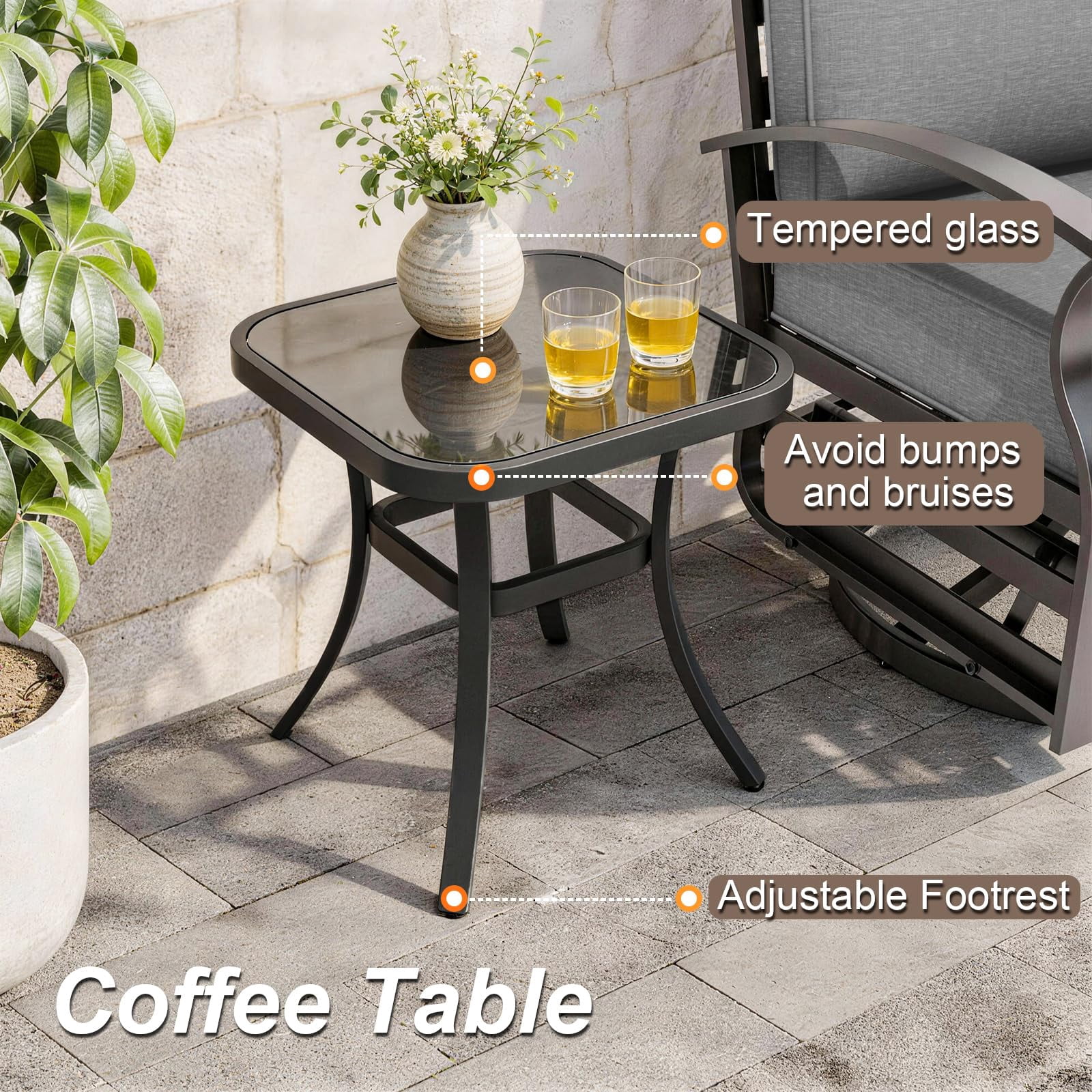 Gotland 3PCS Outdoor Aluminum Swivel Rocking Chairs, 2-Person Patio Furniture Conversation Set with Coffee Table and Cushions, Gray