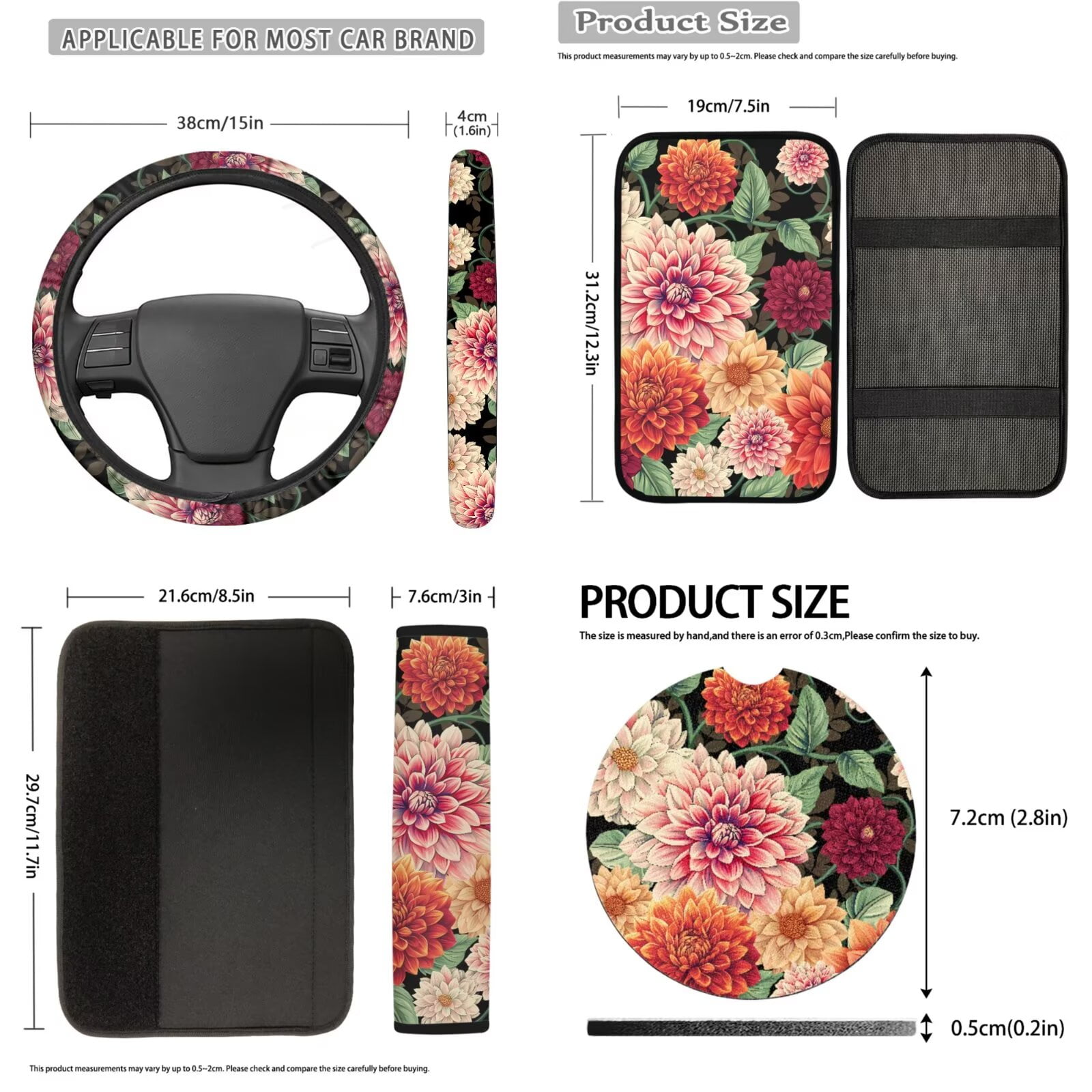 Uorisanigo Boho Flower Print 18pcs Car Seat Covers Full Set with Shoulder Strap Protector Center Console Cover Steering Cover Headrest Shift Knob Handbrake Covers Cup Holder Coasters Keychain