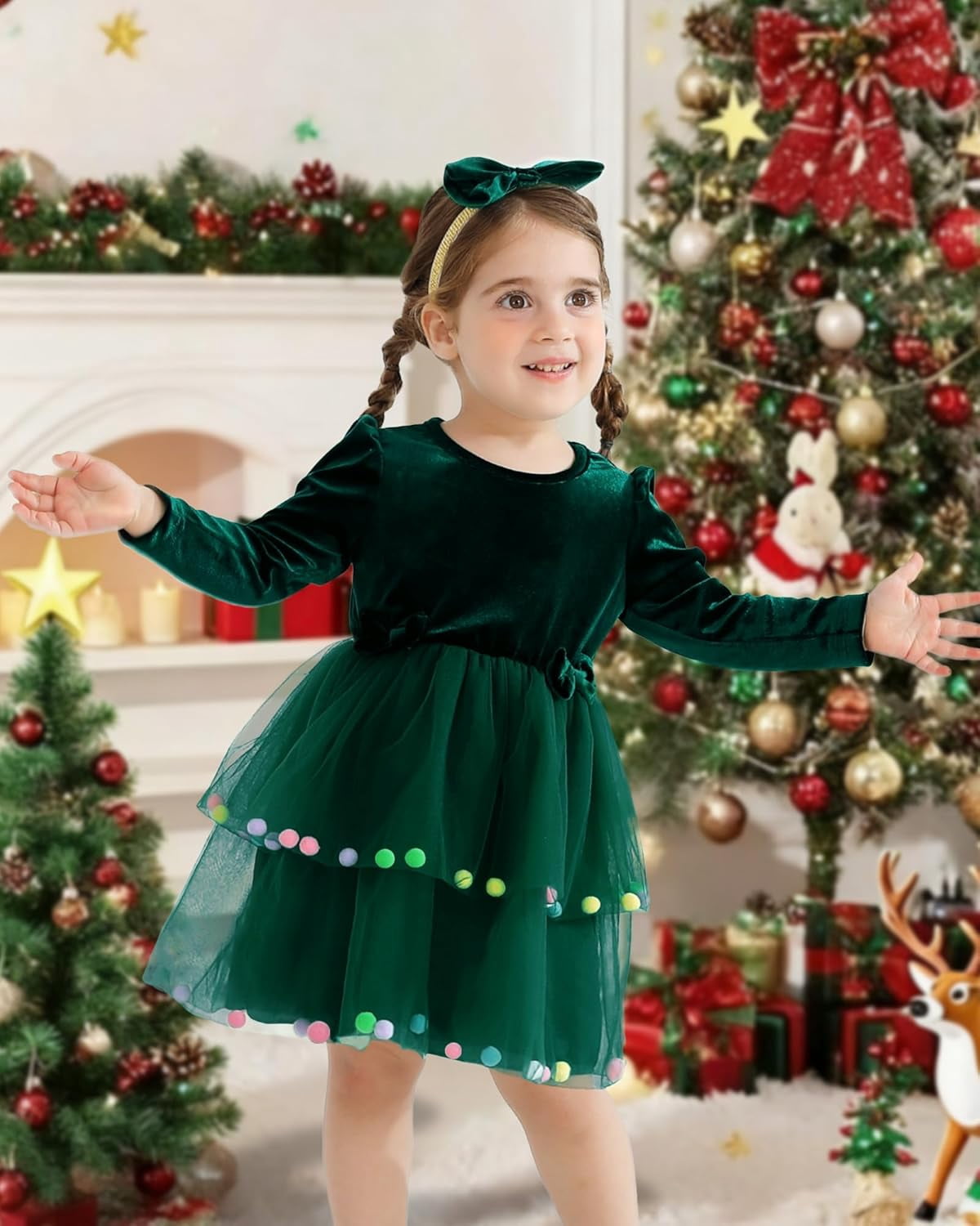 SANMIO Baby Girl Christmas Dress Infant Long Sleeve Holiday Outfit Fall Winter Tulle Velvet Dresses with Headband 3M-3T