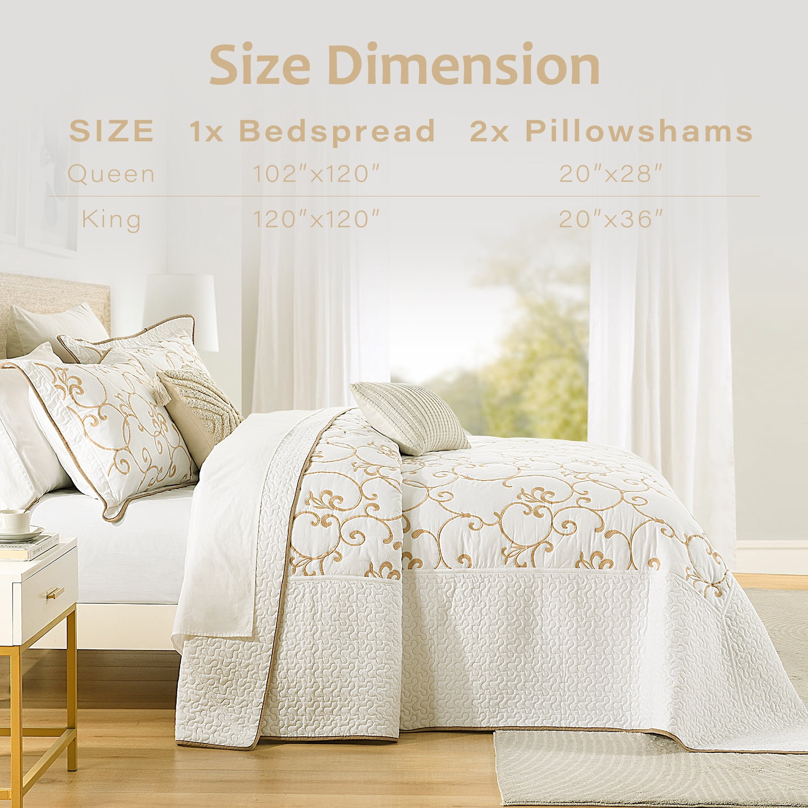 DUOHONG King Bedspread 120"W x 120"L - 100% Cotton Reversible Lightweight Oversized Quilt with 2 Pillow Shams, Beige/White