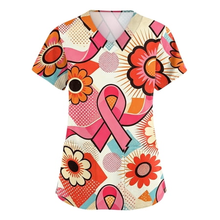 KDDYLITQ Scrubs for Women V Neck Short Sleeve Stretchy Pink Ribbon Print Cute Scrub Tops Medical Nurse Uniform Lightweight Cozy Oversized Fashion Shirts with Pockets Red M
