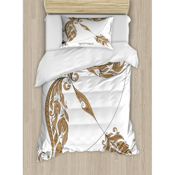 Zodiac Sagittarius Twin Size Duvet Cover Set, Bow and Arrow Pattern with Hand Drawn Flowers Vintage Design, Decorative 2 Piece Bedding Set with 1 Pillow Sham, Caramel and Black, by Ambesonne