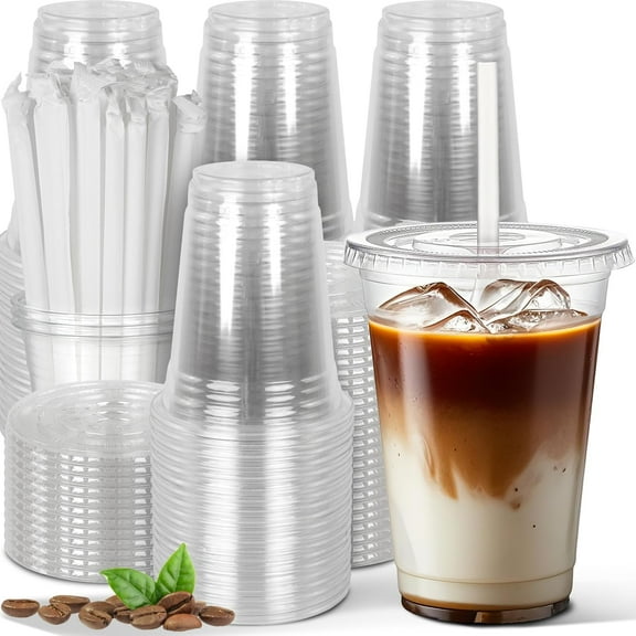 50 Sets 16 oz Plastic Cups with Lids and Straws, Disposable Cups for Iced Coffee, Smoothie, Milkshake, Cold Drinks - Clear