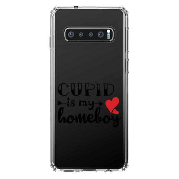 DistinctInk Clear Shockproof Hybrid Case for Samsung Galaxy S10  PLUS (6.4" Screen) - TPU Bumper Acrylic Back Tempered Glass Screen Protector - Cupid is My Homeboy - Heart - Valentine