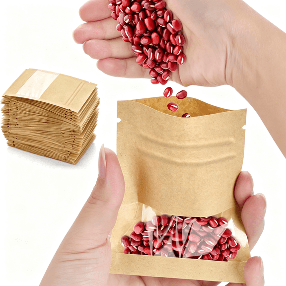 CCOCC 100 Pcs Small Resealable Seed Envelopes, Mini Zip Lock Kraft Bags with Window, 2.7"X3.5" Coffee Sample Bags Resealable Ziplock, Small Business for Samples Bag, Food Storage Bag