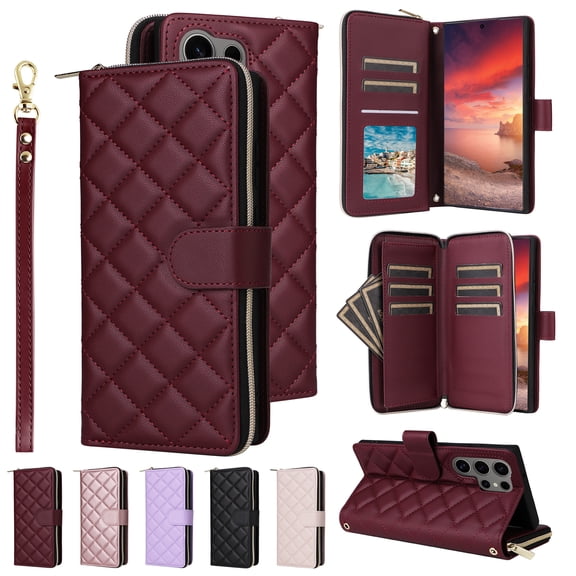 Compatible for Samsung Galaxy S24 Ultra Wallet Case, Crossbody Strap PU Leather Folio Phone Cover, Zipper Handbag Purse with Card Holder Lanyard Flip Stand for Samsung Galaxy S24 Ultra, Winered