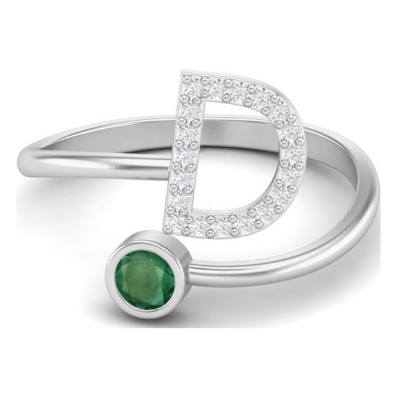 Capital D Initial Letter Emerald Women Adjustable Front Open Valentines Day Gifts Ring 925 Sterling Silver
