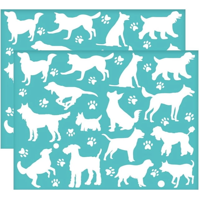 2 plantillas autoadhesivas de 28 x 22 cm (11 x 8,6 pulgadas) para serigrafía con temática canina: huellas de patas, silueta de perro, reutilizables, de malla.
