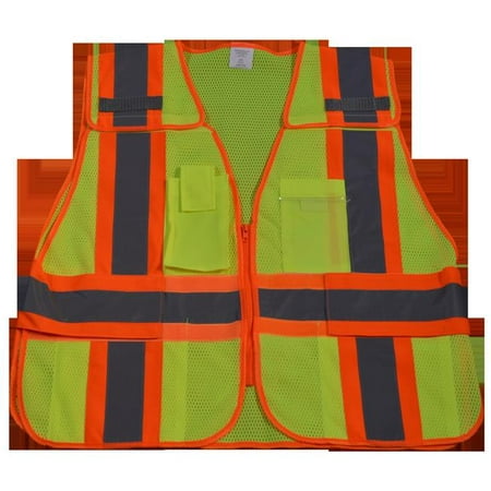 

Public Safety Vest 207-2006 Lime Mesh with Orange Binding 5-Point Breakaway with Non-Cloth Hook & Eye Breakaway Zipper & Expandable Side Closures 5 Pockets Plus Fits 2X-5X