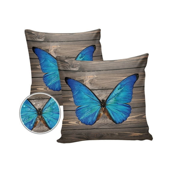 Pack of 2 Outdoor Pillow Covers, Vintage Wood Texture Spring Blue Butterfly Flying Waterproof Square Throw Pillowcase Cushion Decorative Pillow Covers for Couch Patio Tent, 16x16 in