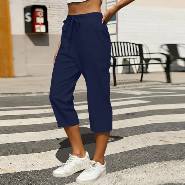 TaTaai Women's High Waist Linen Pants Elastic Drawstring Waistband with Decorative Ruffles Loose Straight Leg Cropped Length Casual Trousers Featuring Side Pockets Gift