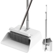 White Broom with Dustpan Combo Set, Upright Stand Up Broom with Built-in Comb Teeth, Angle Broom for Home Kitchen Office Lobby, Pet Hair and Hardwood Floor Sweeping