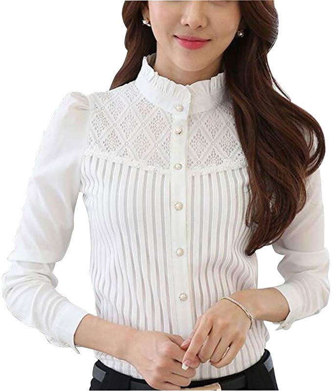 Women's Vintage Collared Pleated Button Down Shirt Long Sleeve Lace Stretchy Blouse Pink Queen White 2xl