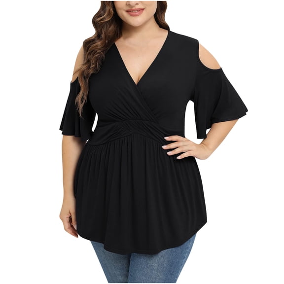 RYRJJ Women Plus Size Tops Summer Wrap V-Neck Short Sleeve Shirt Cold Shoulder Low Cut Peplum Babydoll Tunic Blouse(Black,XL)