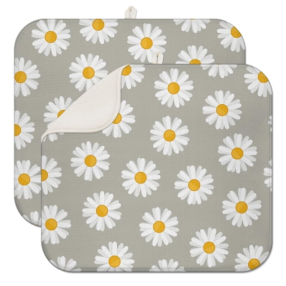 2 Pcs Daisy Floral Dish Drying Mat - 16 X 18 Inch Absorbent Microfiber Kitchen Counter Mat – Quick-Dry Dish Rack Alternative, Dish Drying Pad for Dishes, Cups, Utensils, Pots & Pans