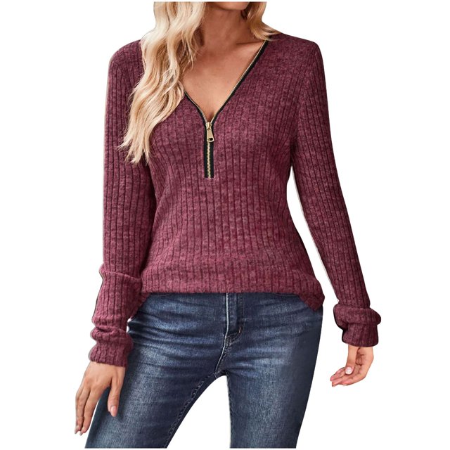 AherBiu Shirts for Women 2024 Long Sleeve Casual Half Zip Tops Fall Ribbed Knitted Pullover Tunic