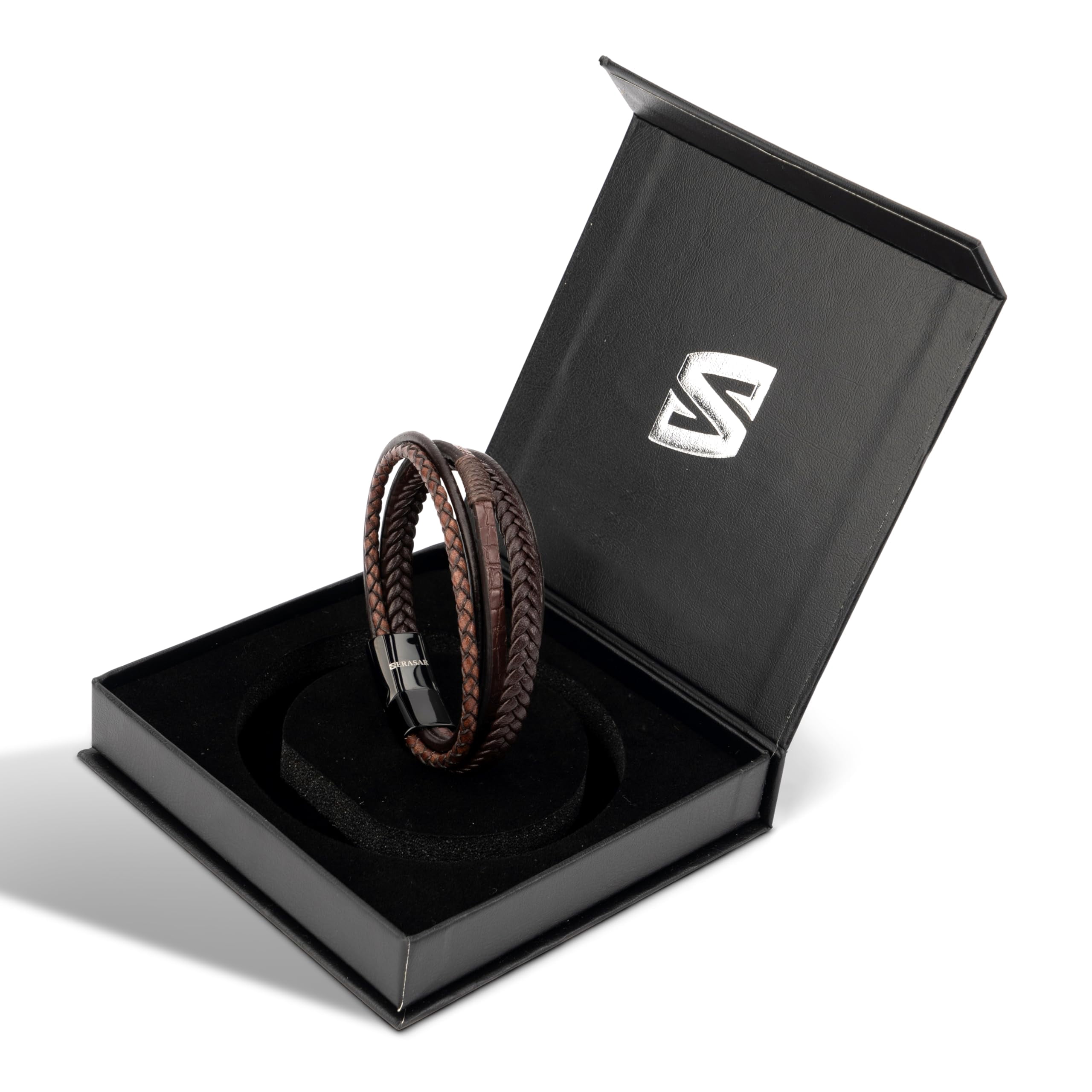 SERASAR Men's Premium Leather Bracelet "Wild" with stainless steel magnetic closure, Brown 23cm, including gift box