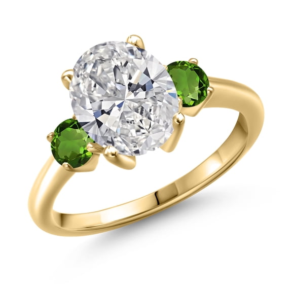 2.50 cttw IGI Certified Lab Grown Diamond and Green Tourmaline 3-Stone Engagement Ring for Women | 18K Yellow Gold Plated Silver | Center 2.00 Ct Diamond | E-F Color | VS1-VS2 Clarity | Size 9