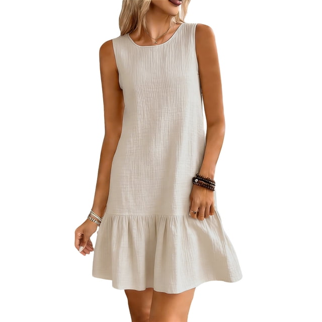 Mini Vestido de Verano sin Mangas de las Mujeres Cuello Redondo Sólido Mini Vestido Casual, Vestido de Verano Casual de las Mujeres para las Fiestas Y Diario